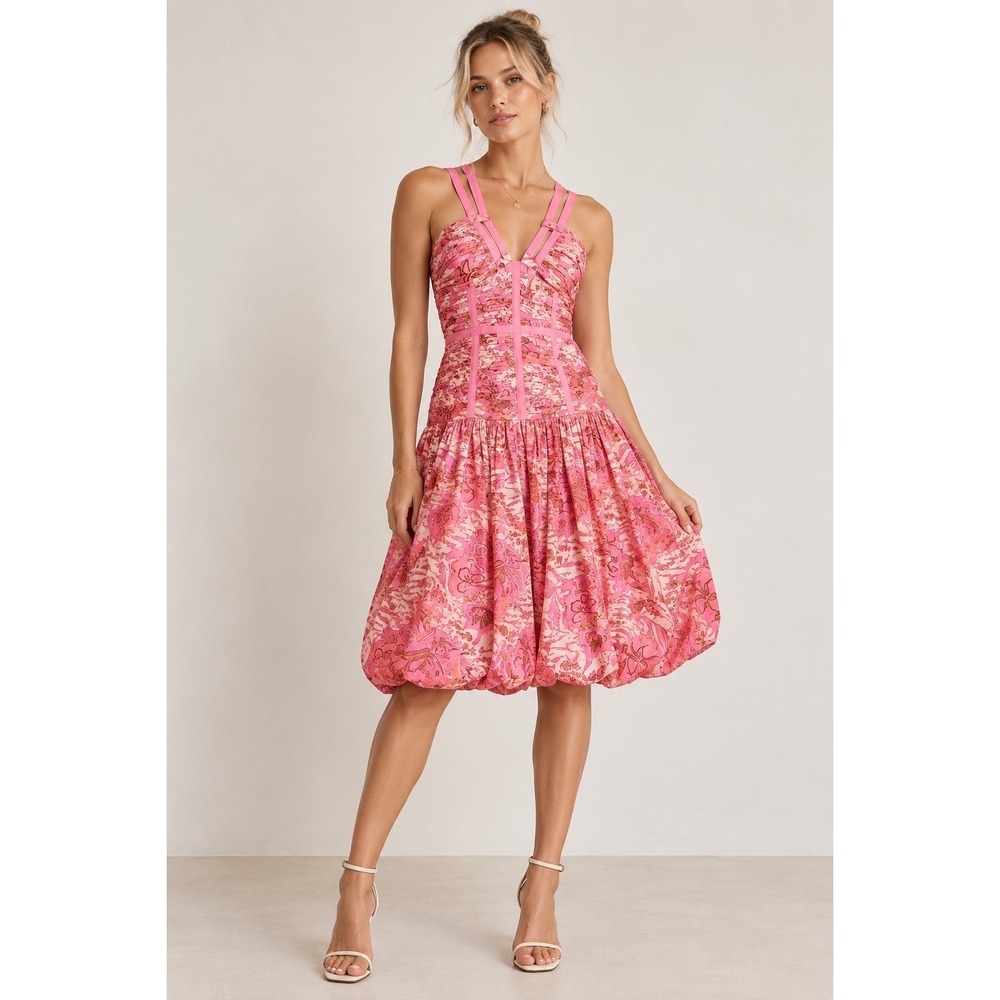 Ulla Johnson Kaia Camellia Pink Floral Batik Corset Bubble Hem Midi Dress 14